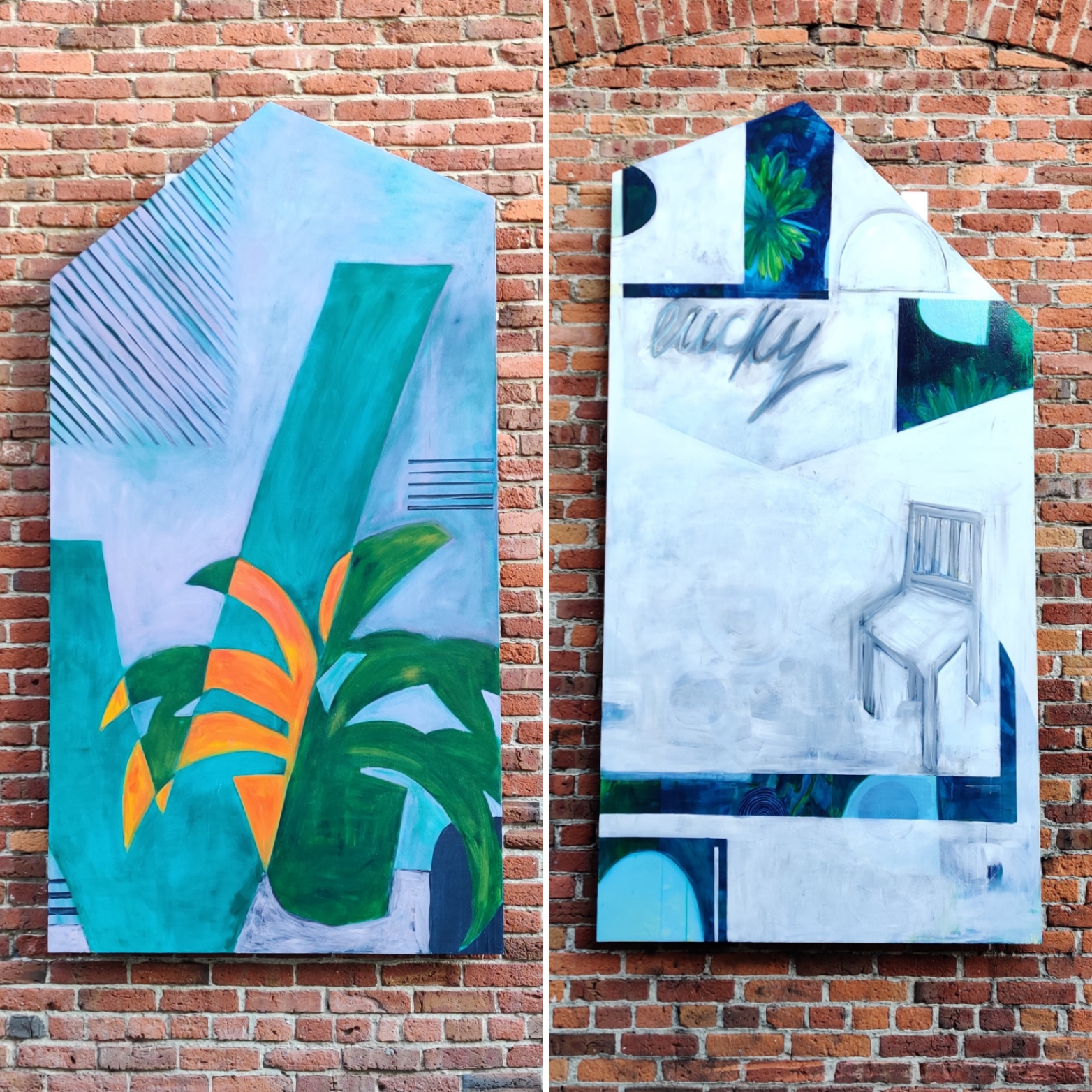 04 FLong L to R I could Live There and Lucky Acrylic on Board 4x8 ft 2019