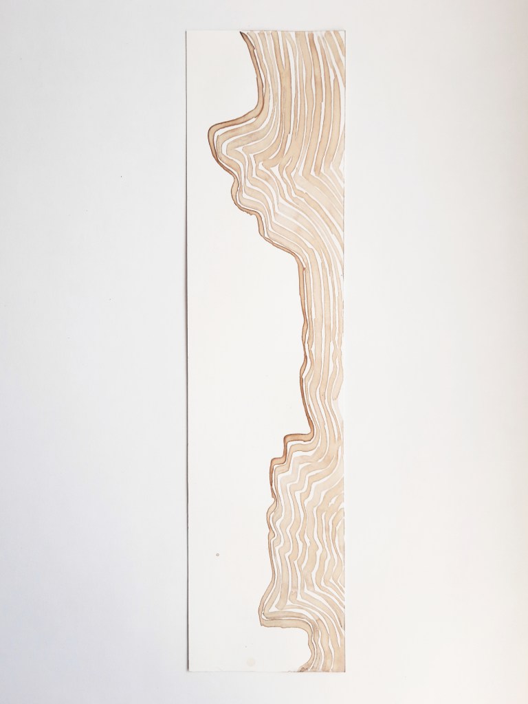 Trails to Nowhere II, acorn cap ink on paper, 38 x 9 cm, 2020